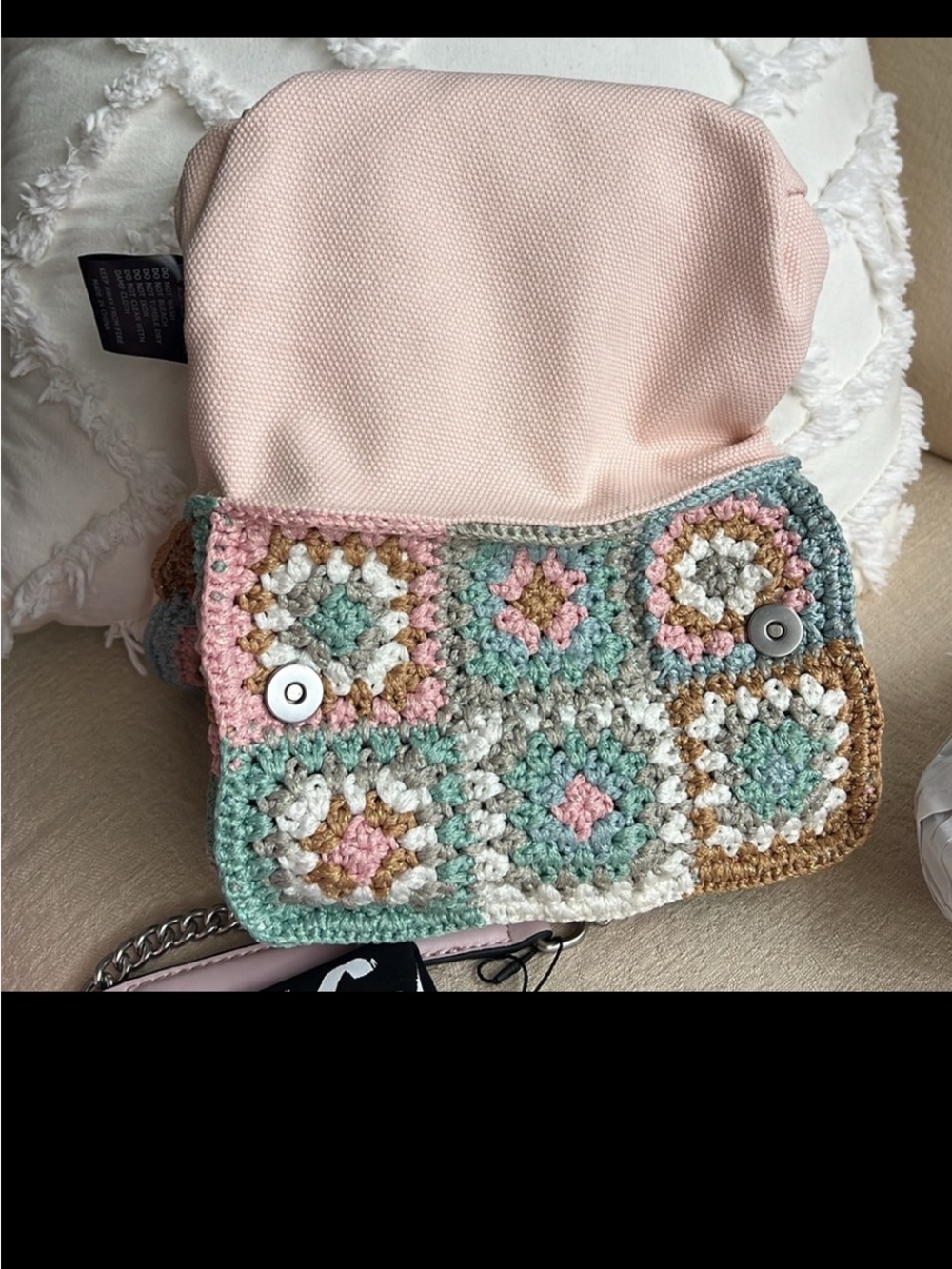 Kurt Geiger Kensington crochet patchwork boho crossbody bag pastel blue pink - Picture 9 of 13